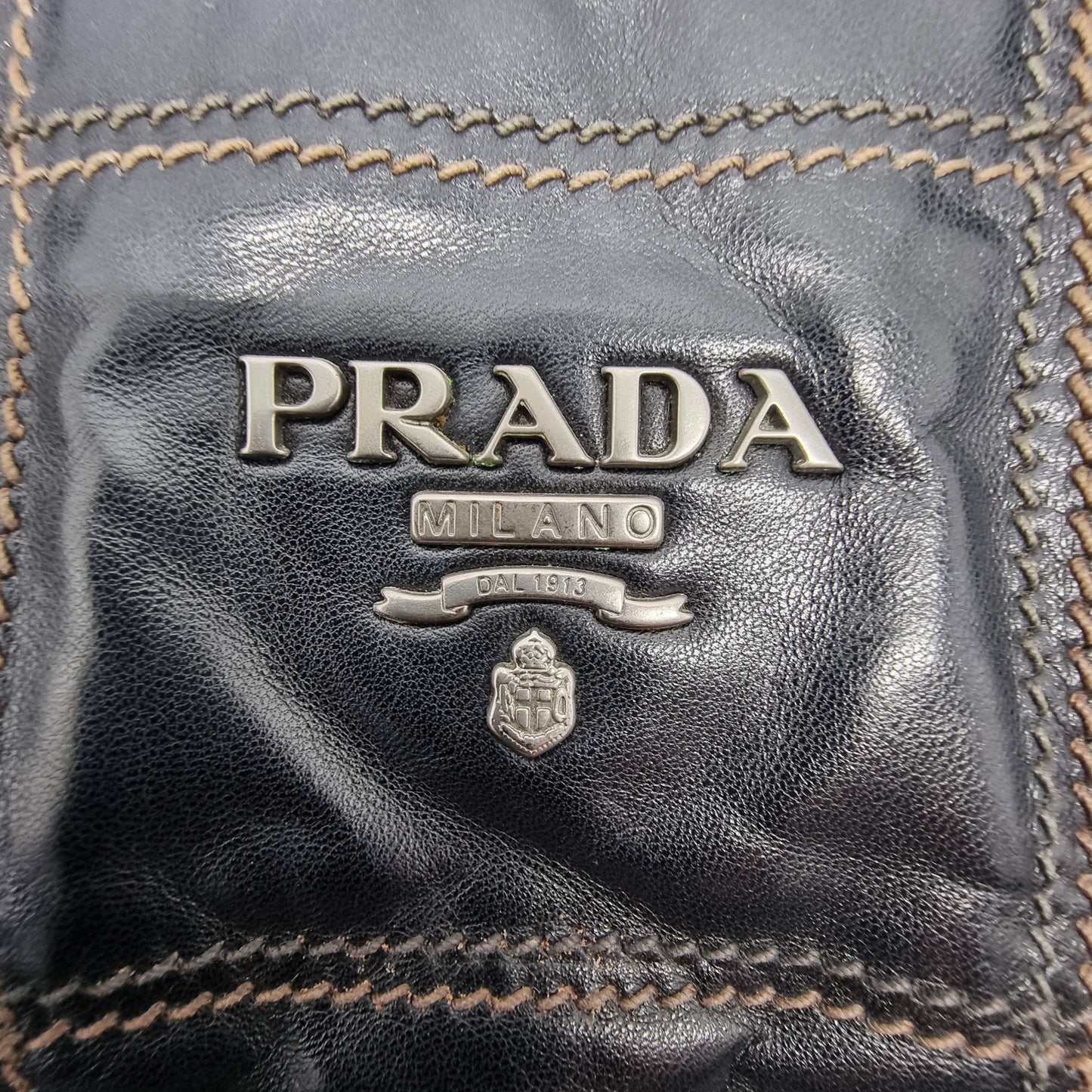 Prada BR3107 Vintage Bauletto Double Stitch Leather Tote Bag Shw (Black)