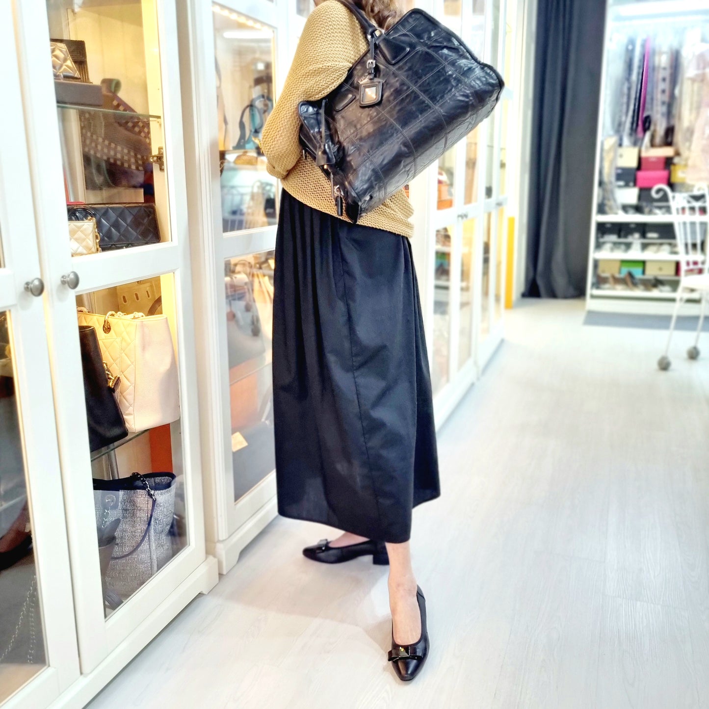 Prada BR3107 Vintage Bauletto Double Stitch Leather Tote Bag Shw (Black)