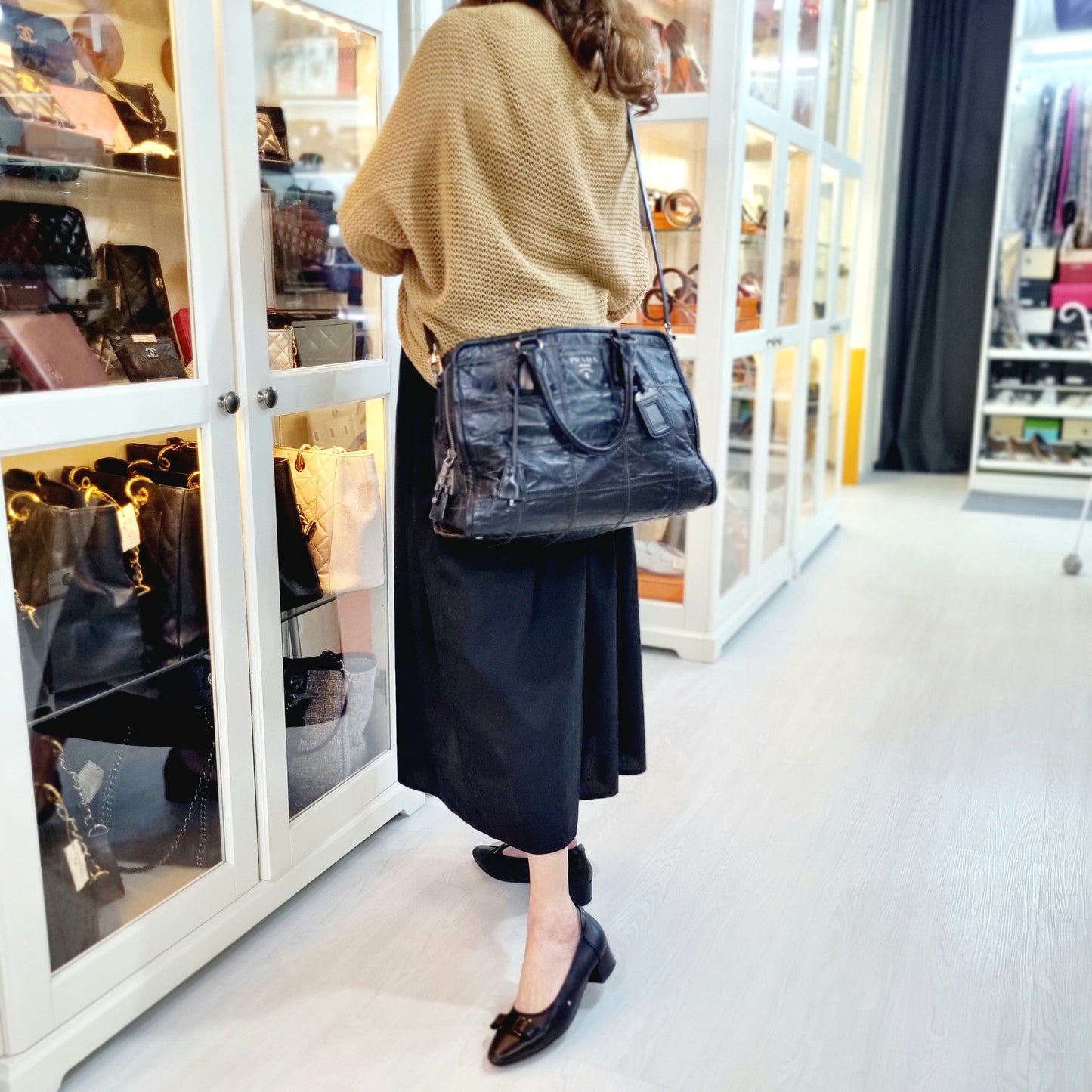 Prada BR3107 Vintage Bauletto Double Stitch Leather Tote Bag Shw (Black)