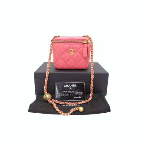 Chanel Vanity Small Classic Lambskin with Antique Ball Ghw (Coral Pink)