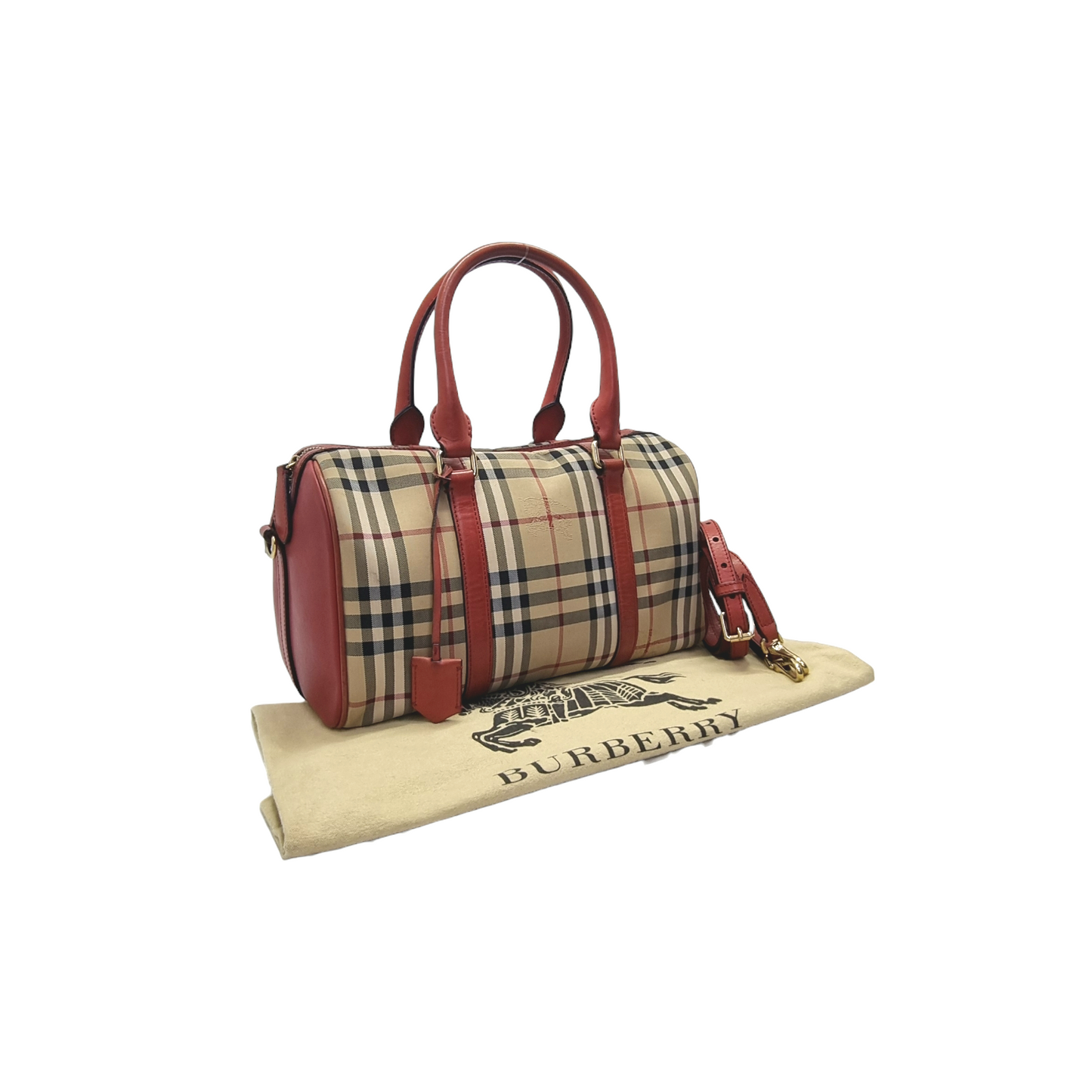 Burberry Alchester Medium Horseferry Check Canvas Boston Bag Ghw (Red)