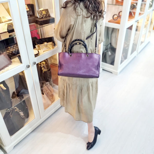 Gucci Bamboo Shopper Leather Tote Bag Ghw (Metallic Purple)