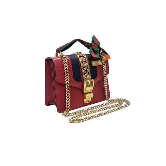 Gucci Sylvie Mini Leather Sling Bag Ghw (Red)