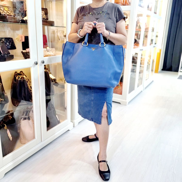 Prada BN2522 Vitello Daino Side Zip Leather Tote Ghw (Blue)