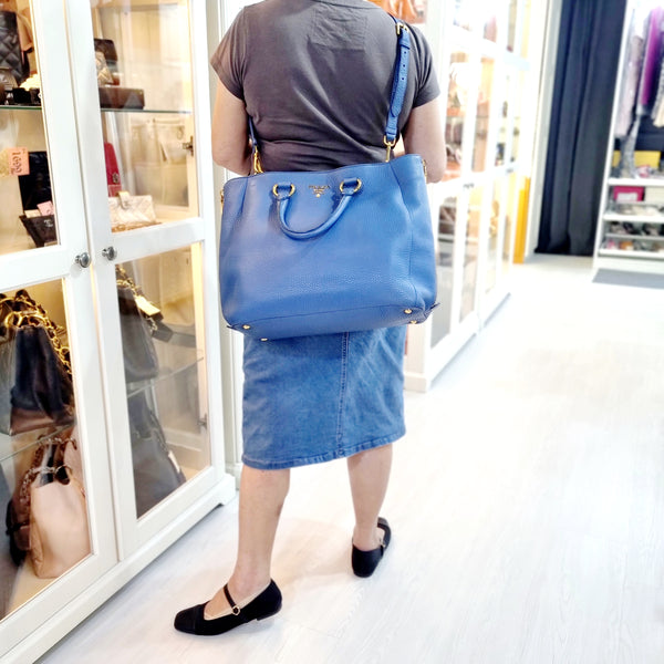 Prada BN2522 Vitello Daino Side Zip Leather Tote Ghw (Blue)