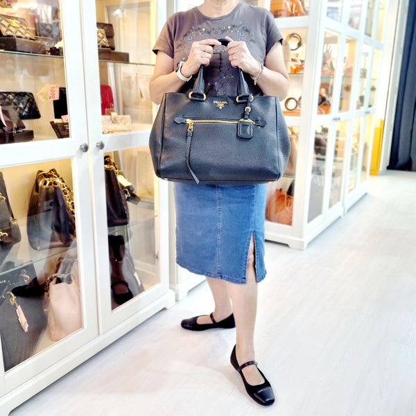 Prada BN2793 Vitello Daino Leather Tote Bag Ghw (Black)