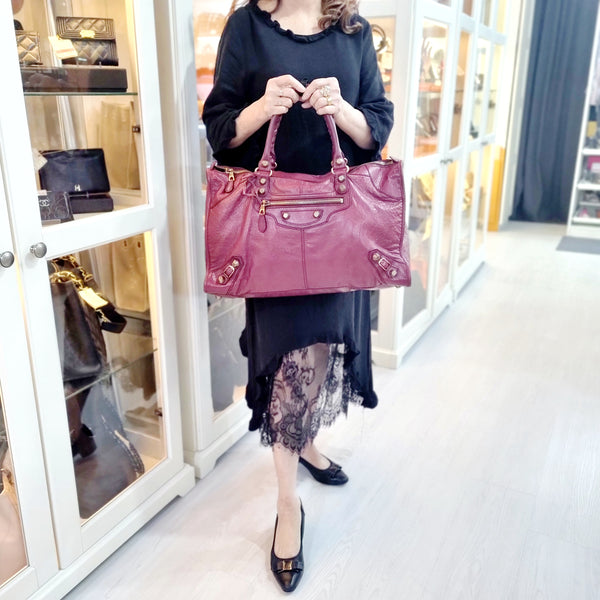 Balenciaga Giant Work Lambskin Leather Bag Bronze Hw (Burgundy)