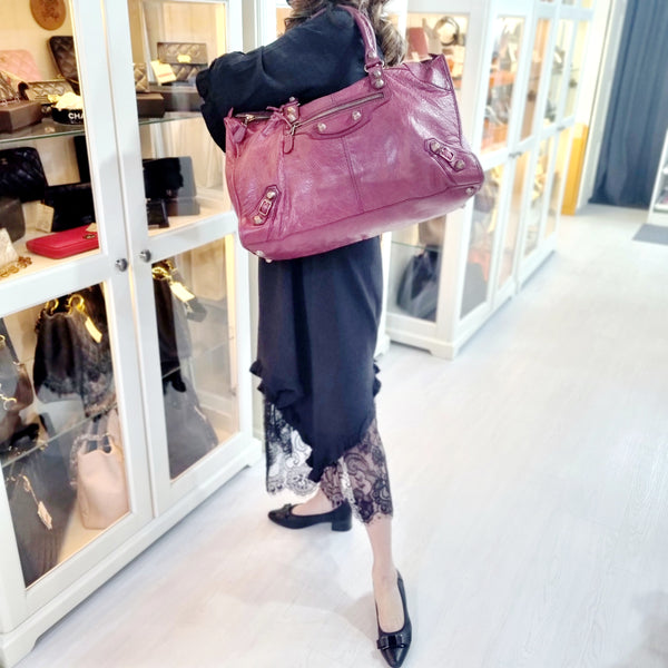 Balenciaga Giant Work Lambskin Leather Bag Bronze Hw (Burgundy)