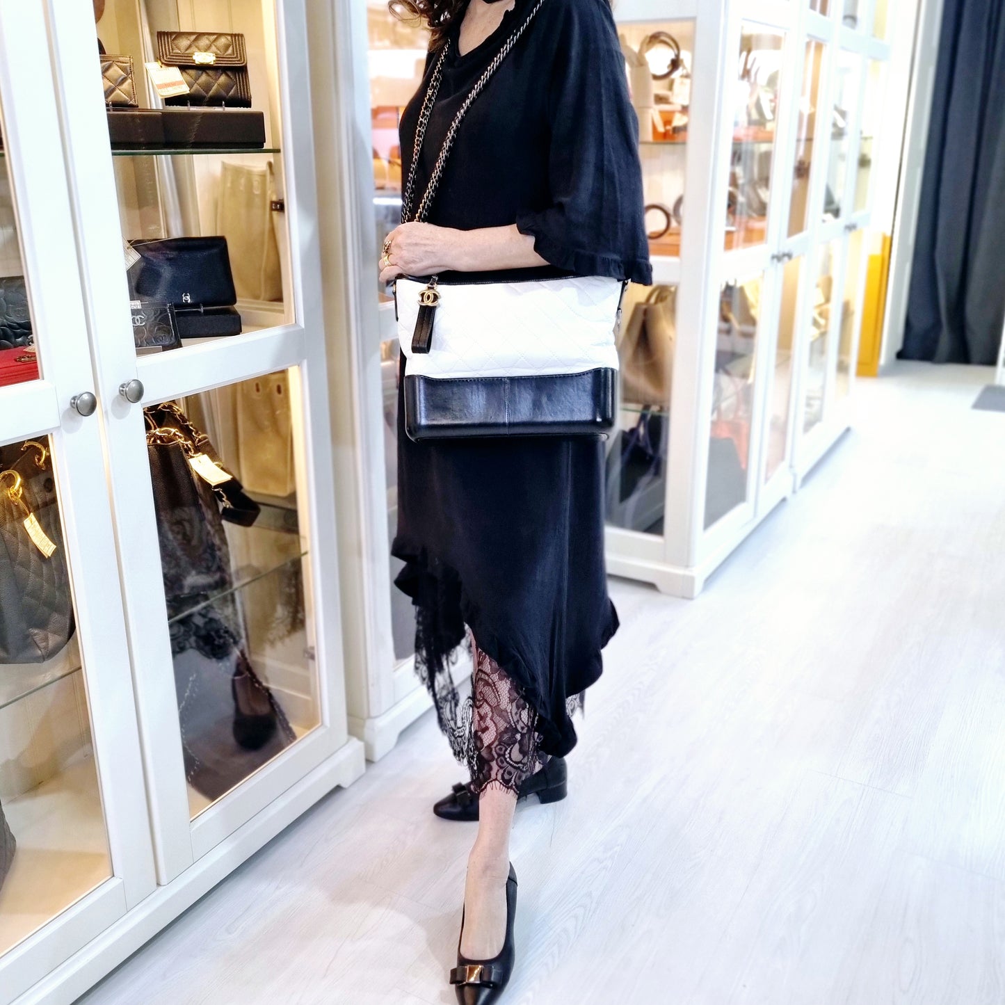 Chanel Gabrielle Medium Calfskin Leather 3 Tone Hardware (White/Black)