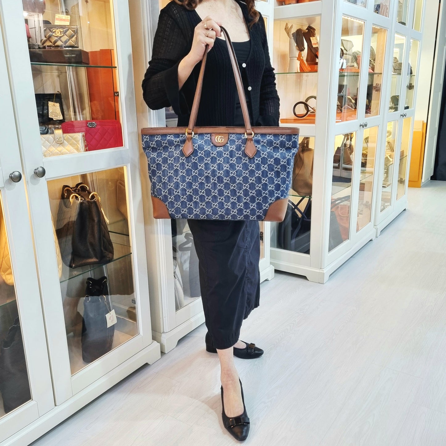 Gucci GG Ophidia Medium Jacquard Denim & Leather Shoulder Bag Ghw (Blue/Brown)
