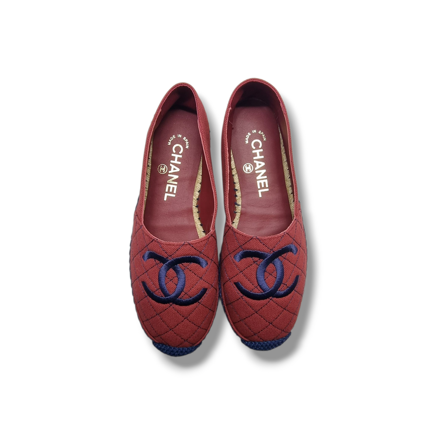 Chanel CC Canvas Quilted Espadrilles Flat Shoes (Burgundy/Navy Blue)