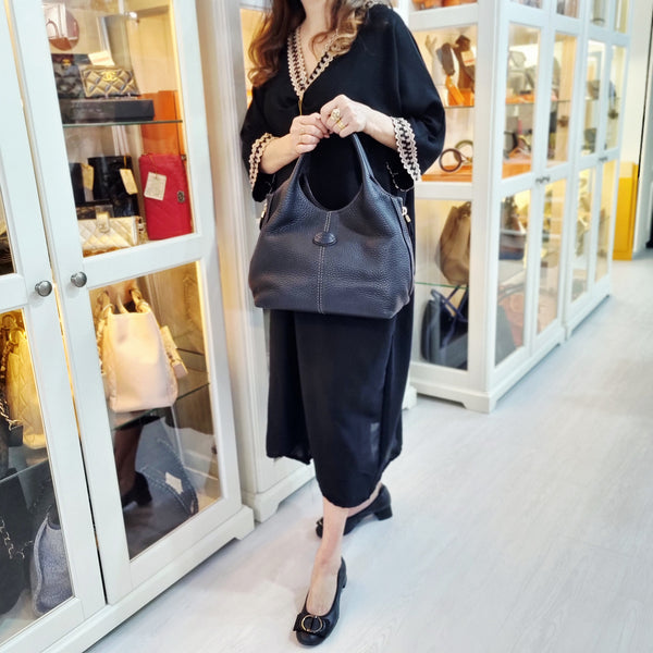 Tods ALH Side Zip Leather Hobo Bag Ghw (Black/Grey)