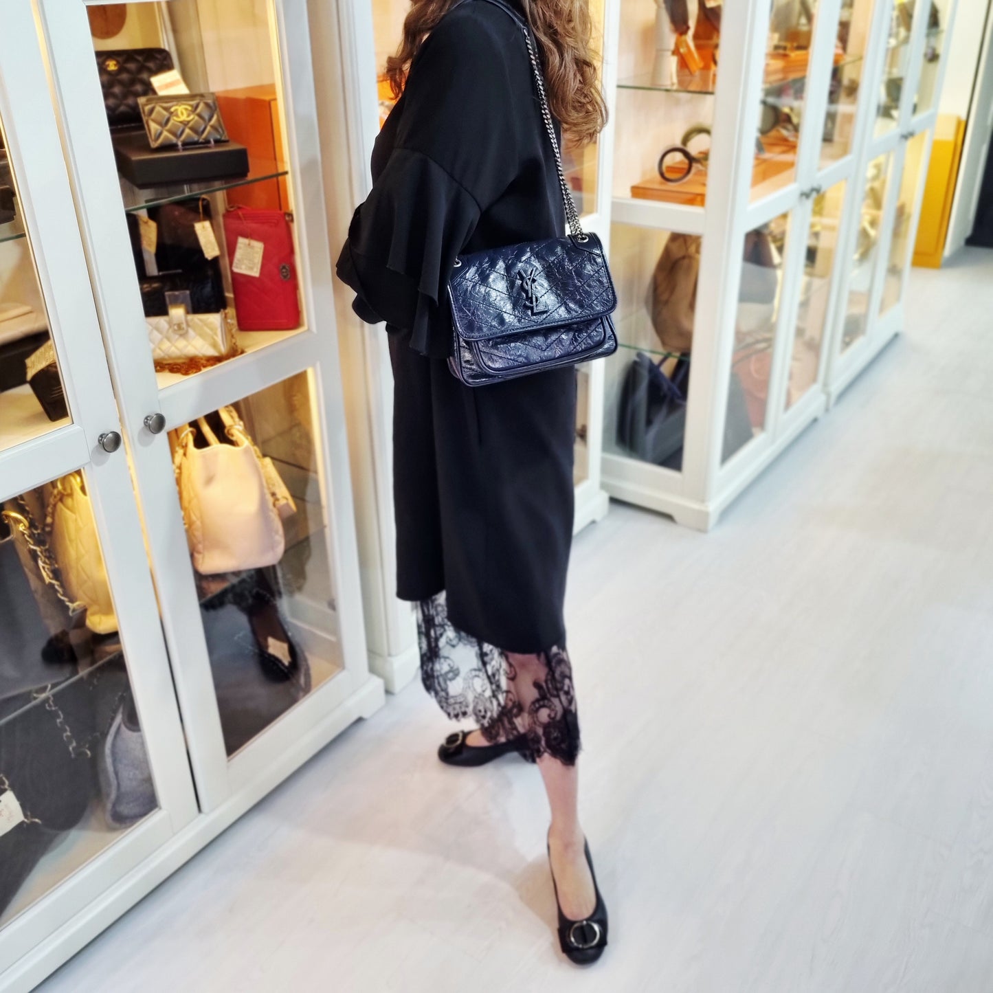 YSL Niki Baby Vintage Calf Leather Crossbody Brushed Palladium Hw ( Dark Blue)