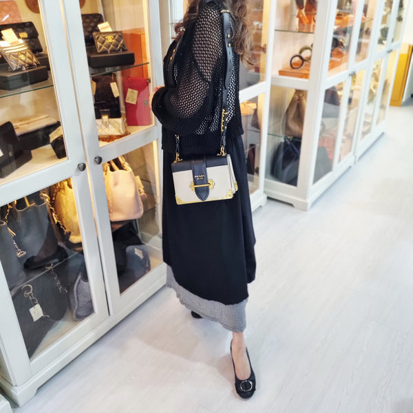 Prada 1BD045 City Calf Saffiano Cahier Crossbody Ghw (White/Black)