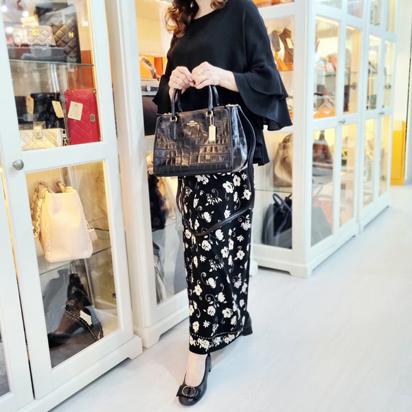 Coach Surrey Carryall Croc Embossed Leather Tote Bag Ghw (Black)