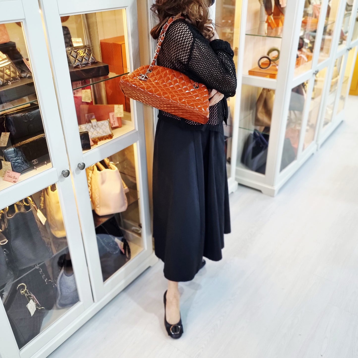 Chanel Mademoiselle Patent Leather Bowler Bag Shw (Brown)