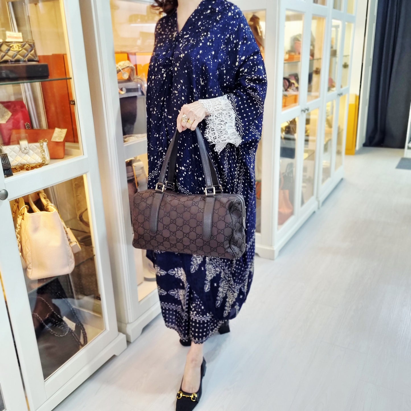 Gucci GG Nylon Boston Bag Ghw (Brown)