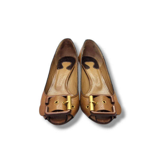 Chloe Leather Buckle Slip On Pumps (Caramel)