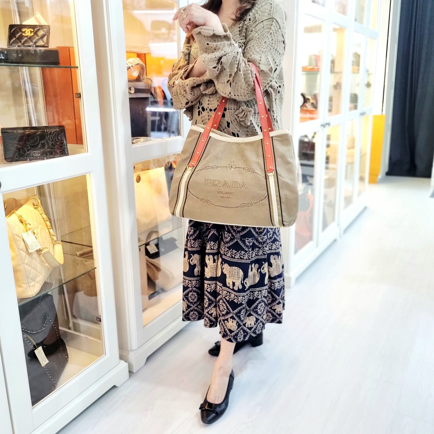 Prada Logo Jacquard Stud Shoulder Bag Ghw (Beige/Red)