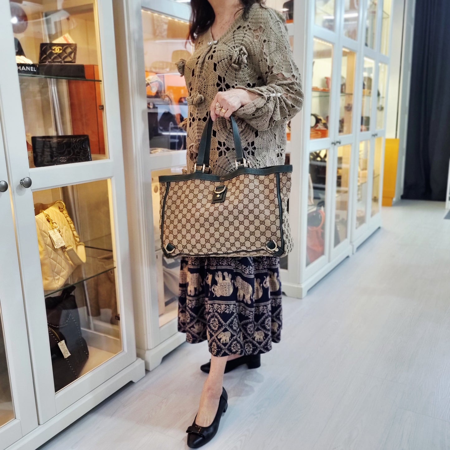 Gucci GG Abbey D-Ring Canvas Shoulder Bag Ghw (Beige/Dark Green)