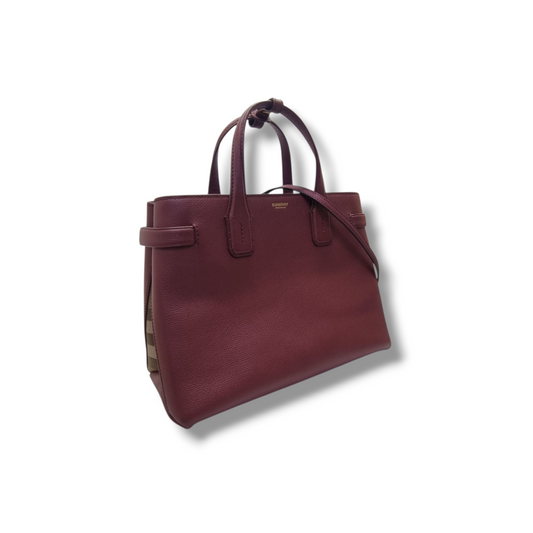 Burberry Banner House Check Leather Tote Bag Ghw (Burgundy)