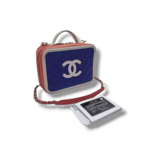 Chanel Filigree Vanity Case Caviar Shw ( Blue/Red/White)