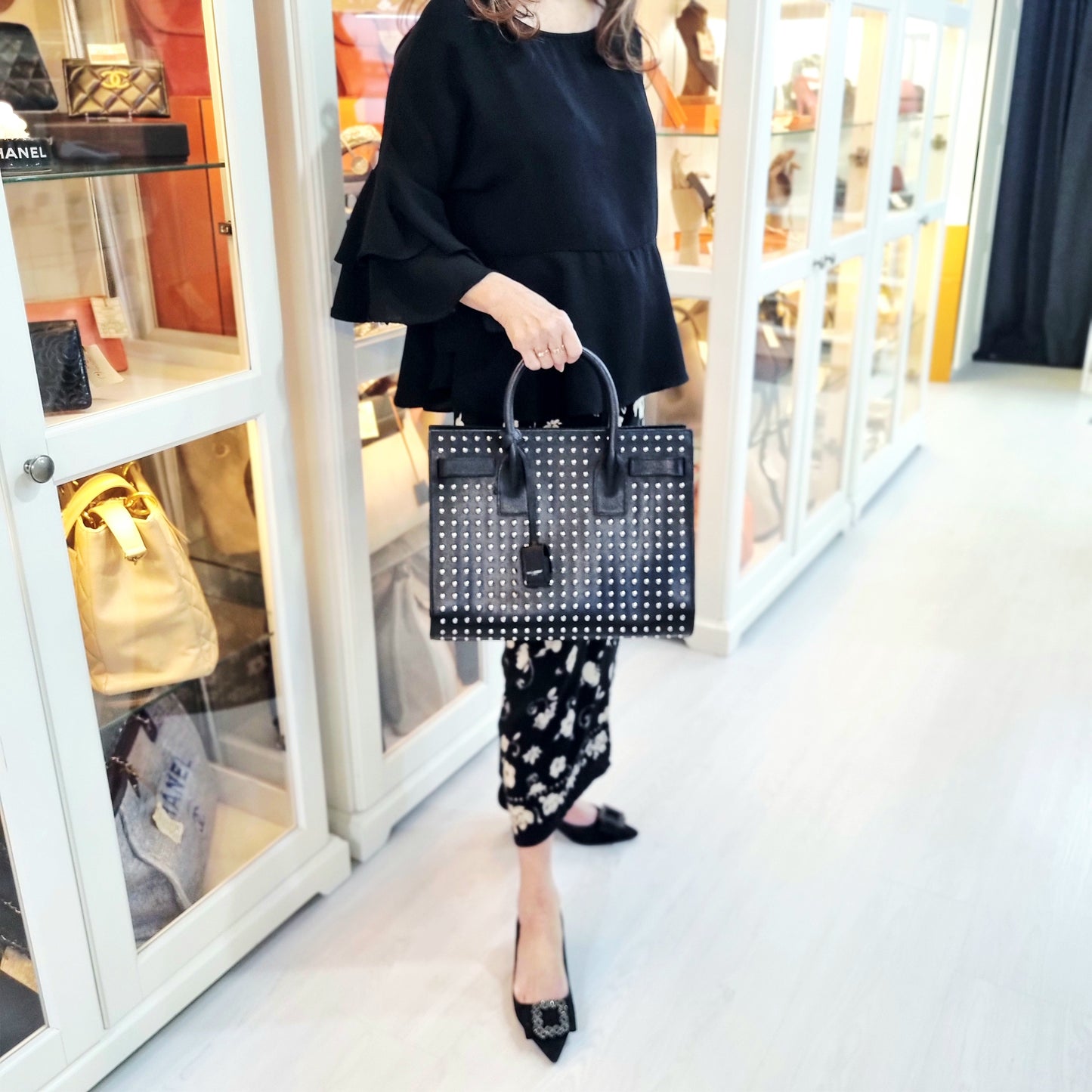 YSL Sac De Jour Studded Leather Tote Bag Shw (Black)