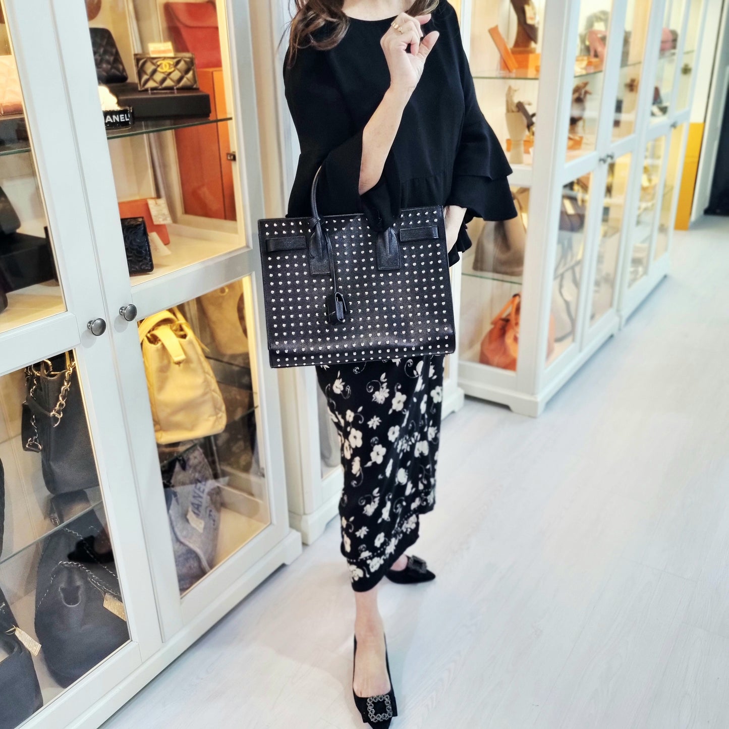 YSL Sac De Jour Studded Leather Tote Bag Shw (Black)