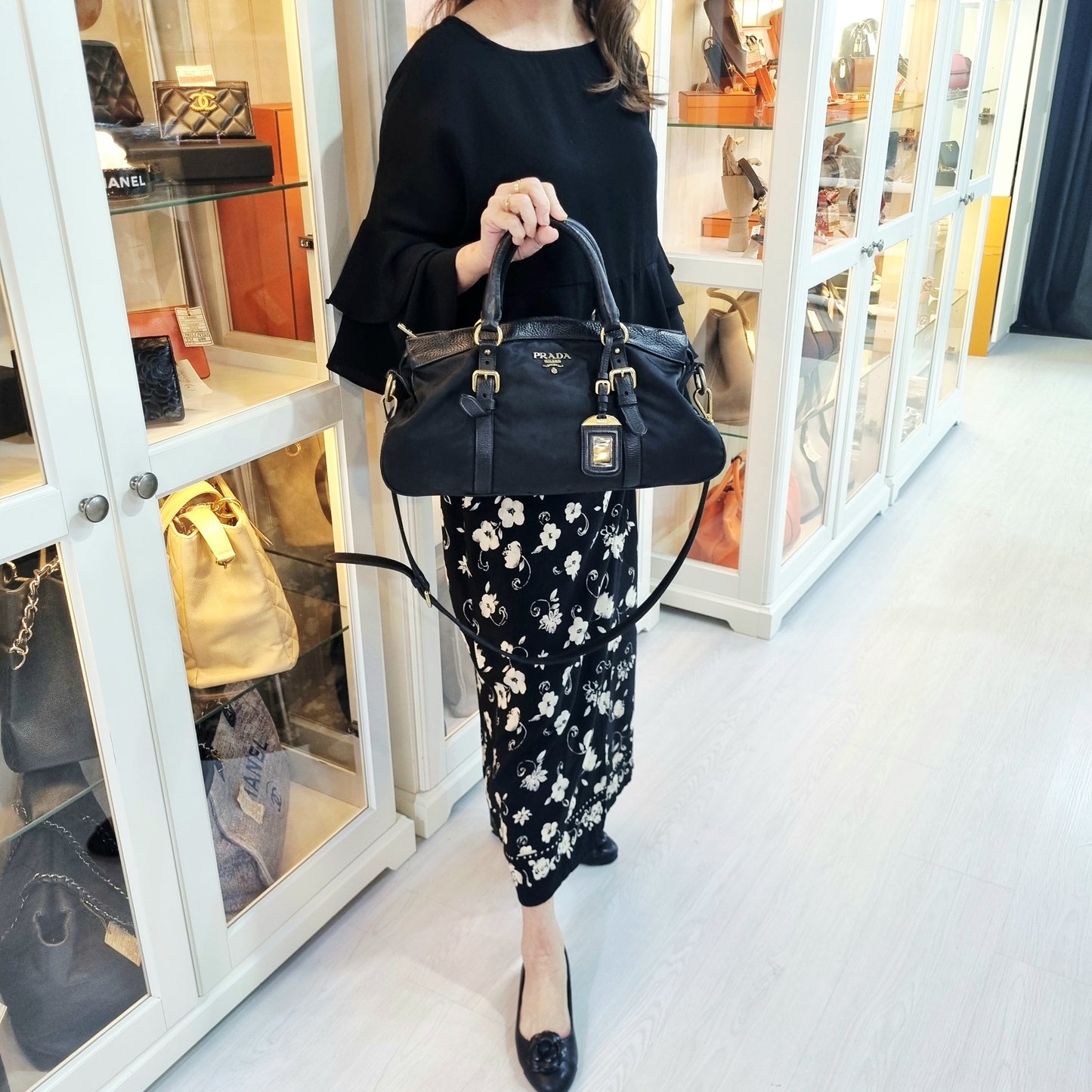 Prada BN2032 Nylon Leather Trim Tote Bag Ghw (Black)