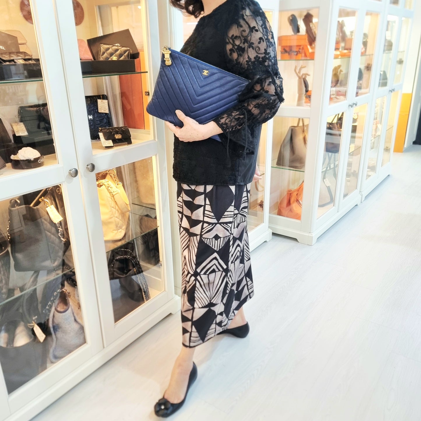 Chanel O Case With Ancient Greek Charm Chevron Quilted Caviar Ghw (Blue)