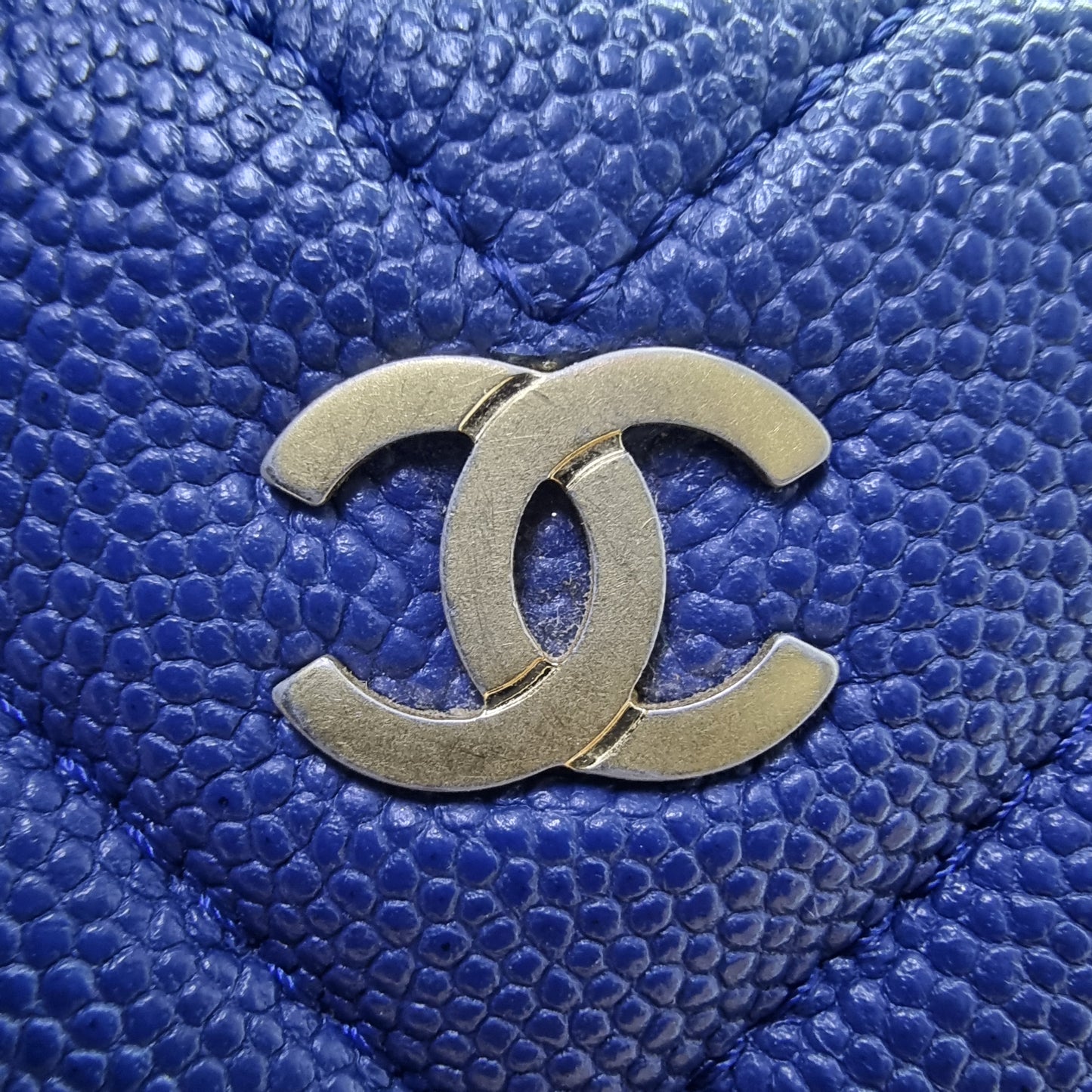 Chanel O Case With Ancient Greek Charm Chevron Quilted Caviar Ghw (Blue)