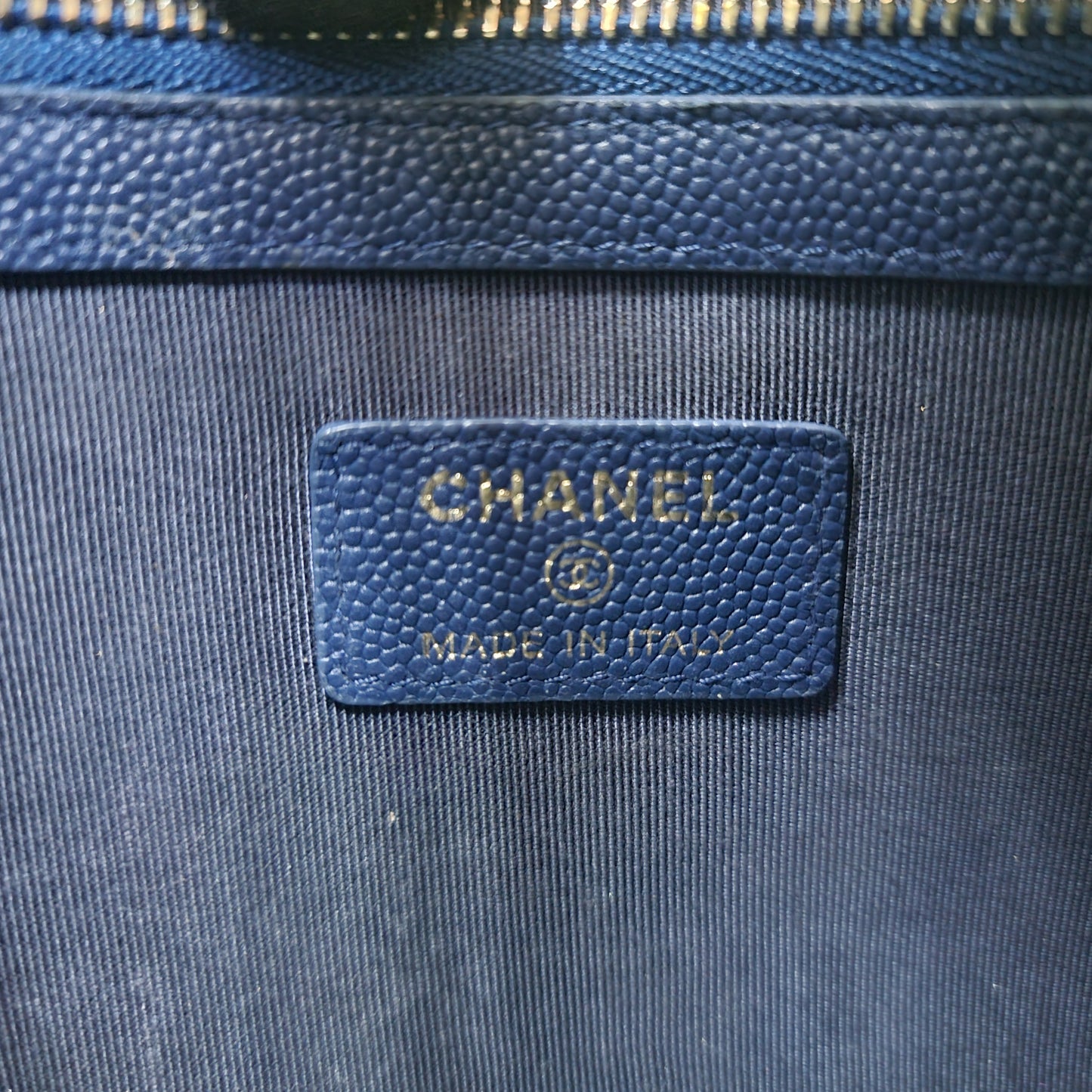 Chanel O Case With Ancient Greek Charm Chevron Quilted Caviar Ghw (Blue)
