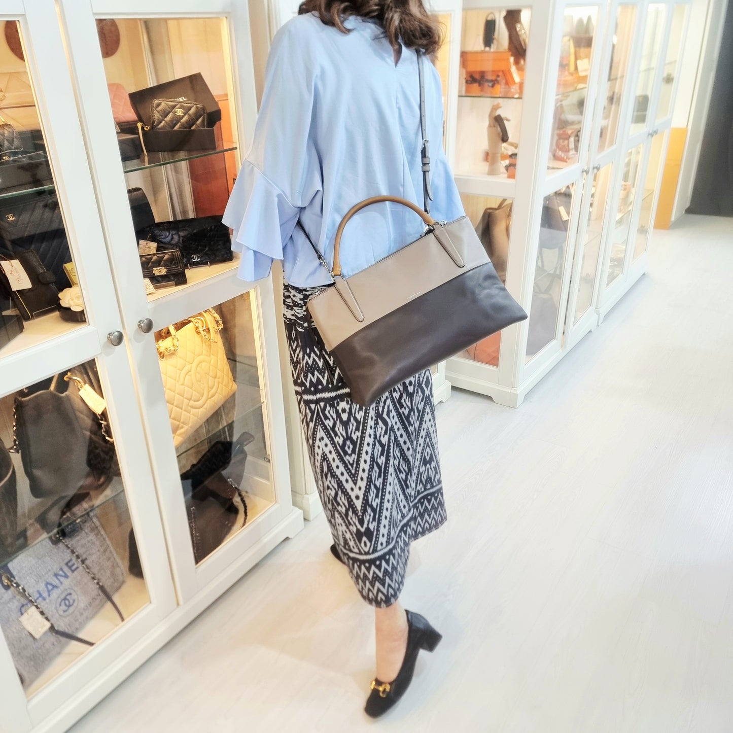 Coach Borough Leather Retro Colorblock Tote Shw (Grey/Dark Brown)