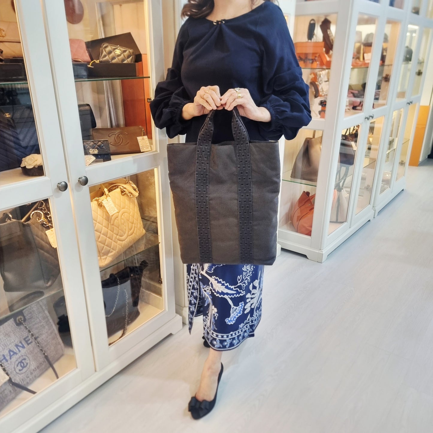 Hermes Herline Cabas Canvas Tote Phw (Grey/Black)