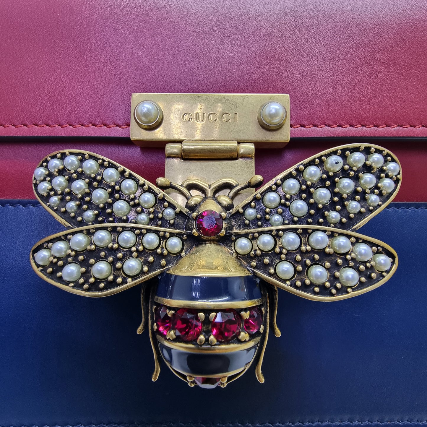Gucci Queen Margaret Top Handle Leather Tote Antique Gold Hw (White/Red/Navy Blue)