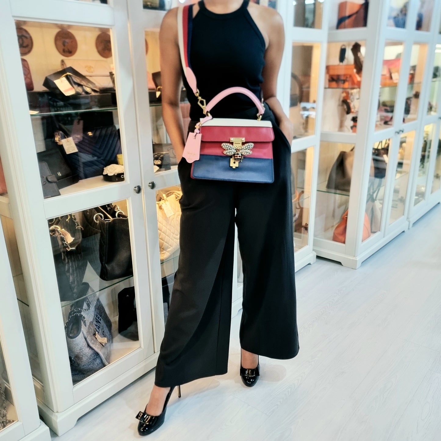 Gucci Queen Margaret Top Handle Leather Tote Antique Gold Hw (White/Red/Navy Blue)
