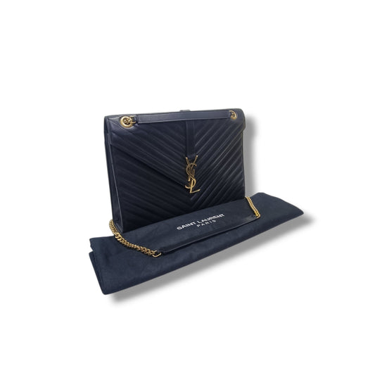 YSL Matelasse Chevron Large Envelope Leather Crossbody Ghw (Black)