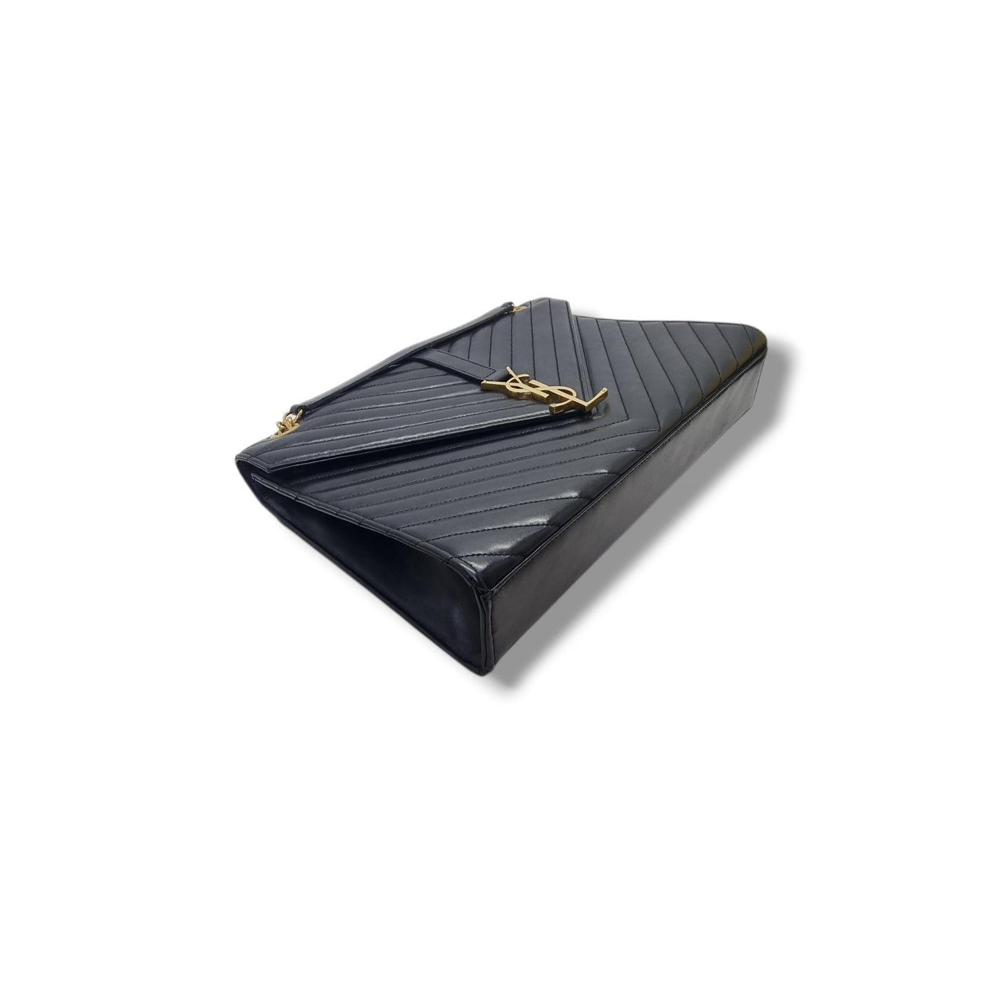 YSL Matelasse Chevron Large Envelope Leather Crossbody Ghw (Black)