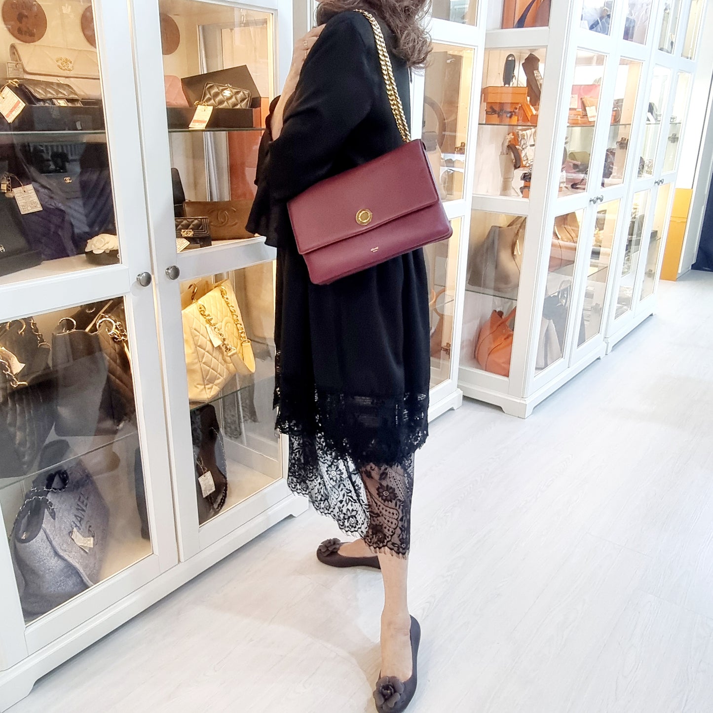 Celine Coin Flap Leather Sling Bag Ghw (Burgundy)