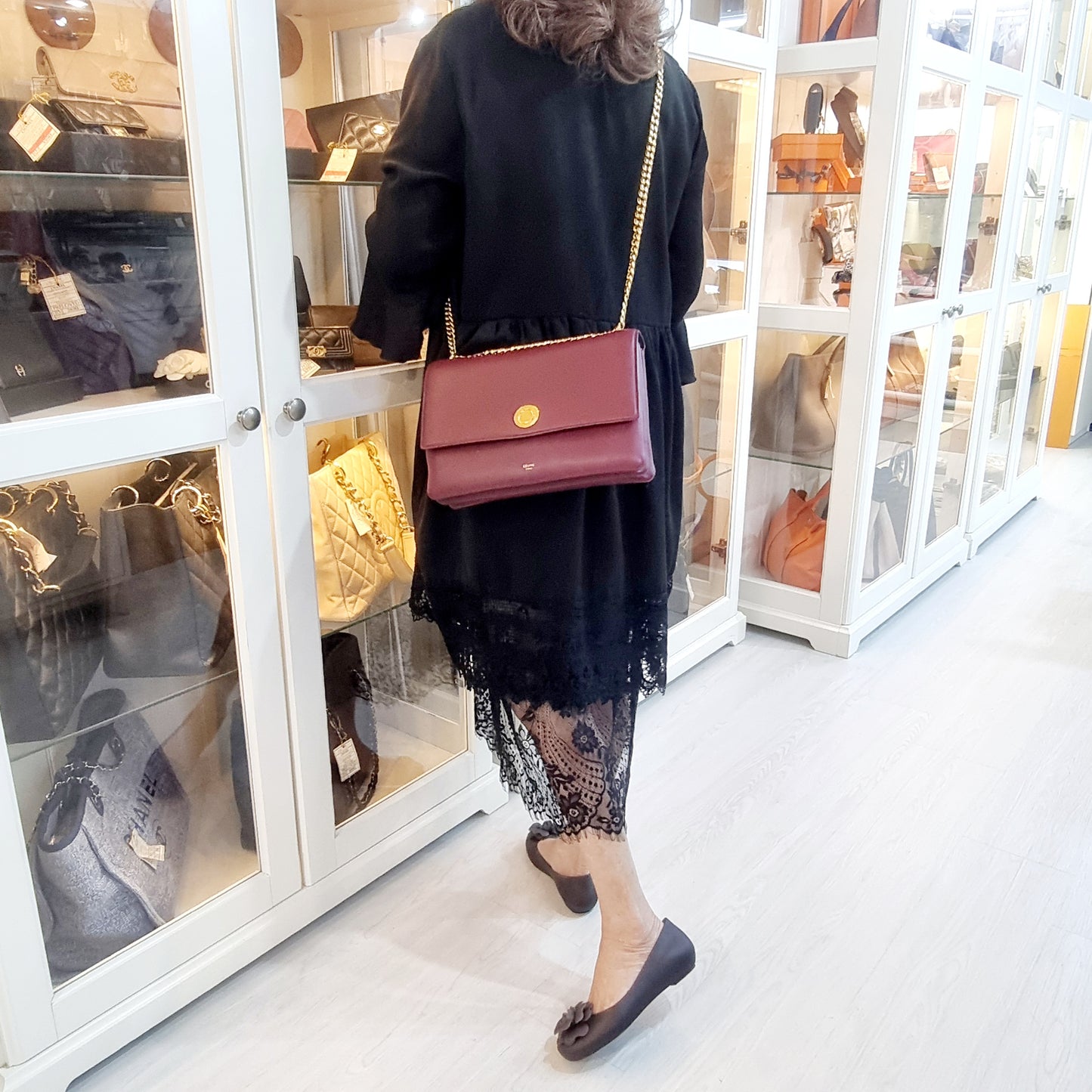 Celine Coin Flap Leather Sling Bag Ghw (Burgundy)