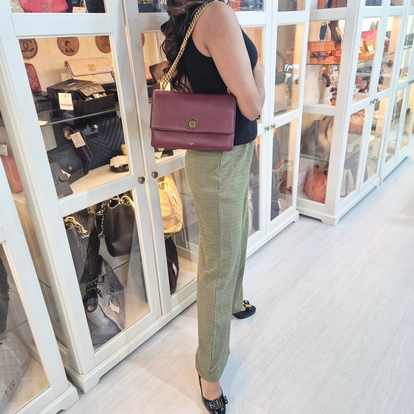 Celine Coin Flap Leather Sling Bag Ghw (Burgundy)