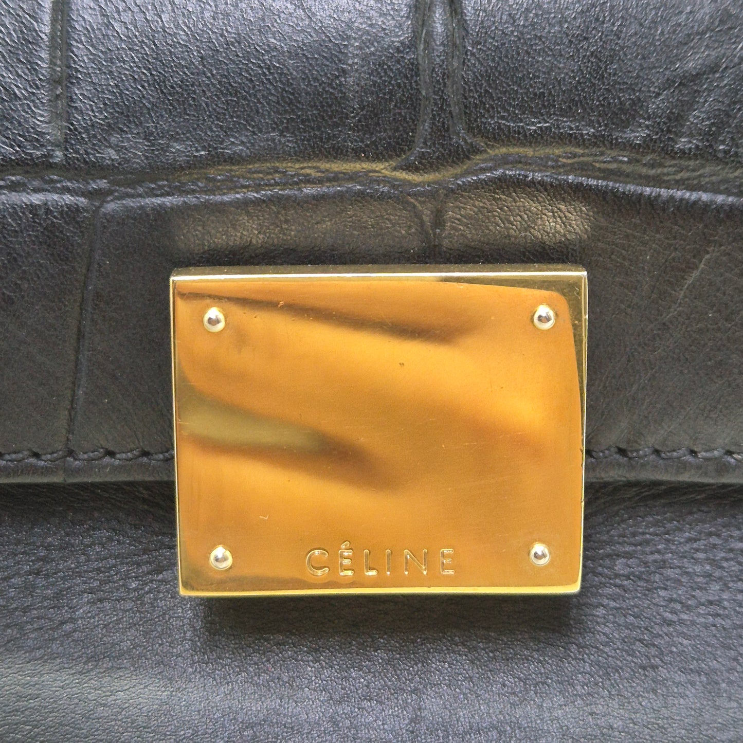 Celine Trapeze Medium Crocodile Embossed Tote Bag Ghw (Black)