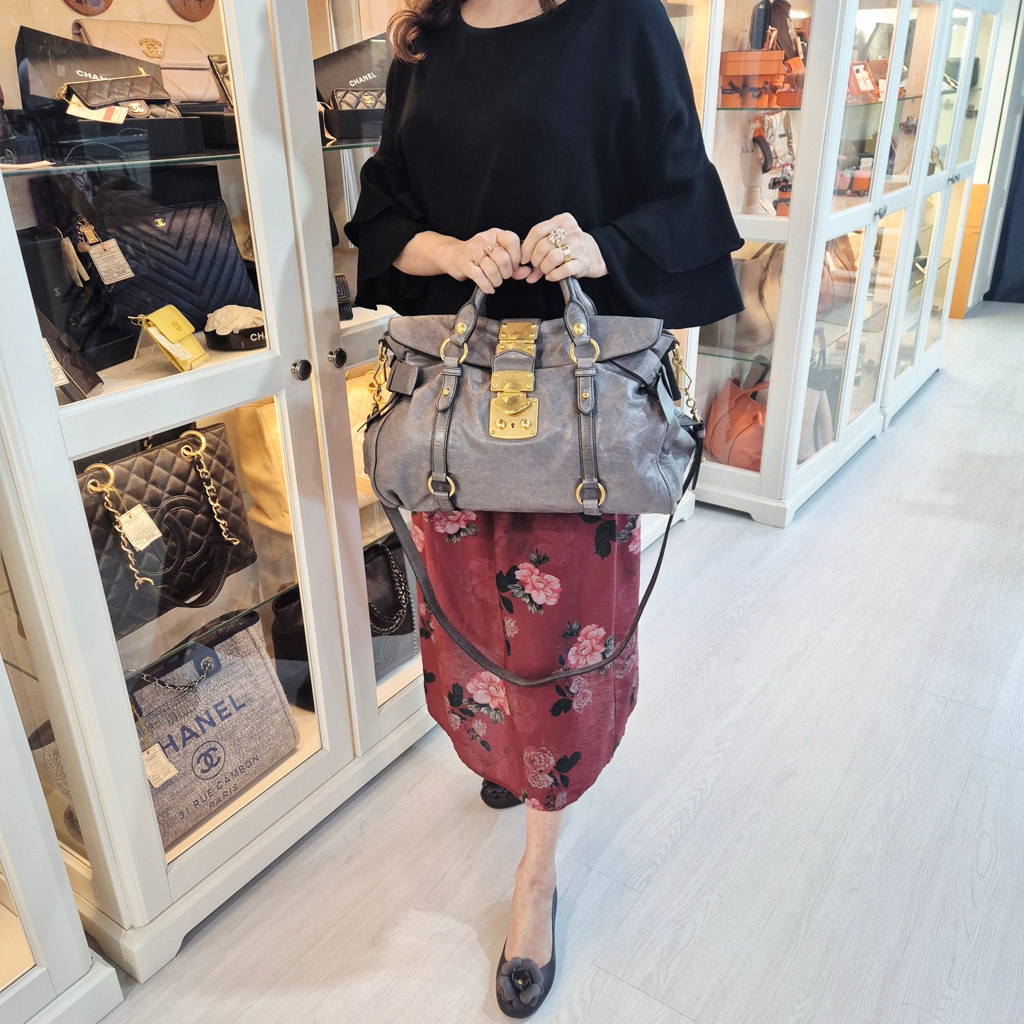 Miu Miu Vitello Lux Side Bow Leather Tote Ghw (Grey)