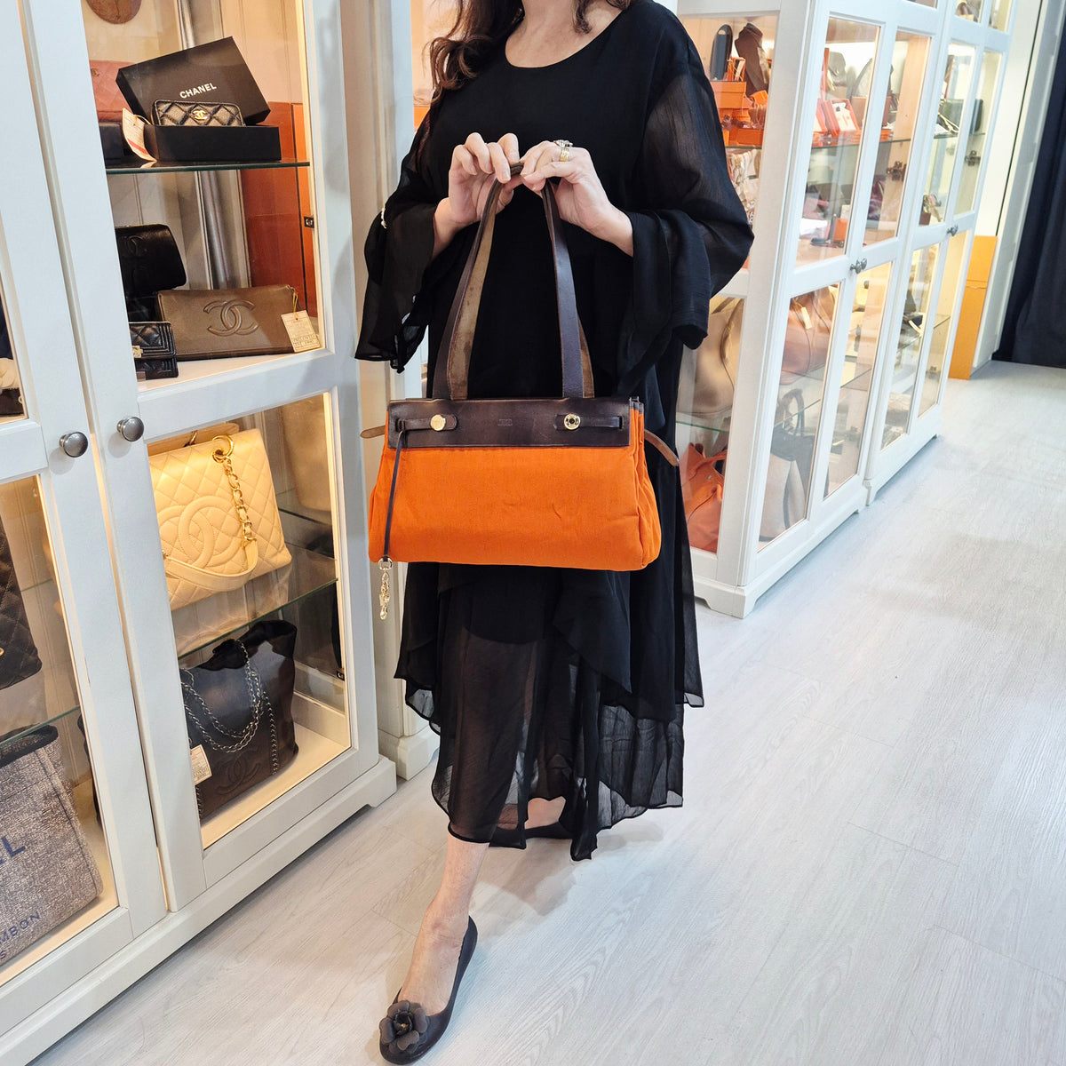 Hermes Herbag Cabas PM Canvas Shoulder Bag Ghw (Orange)