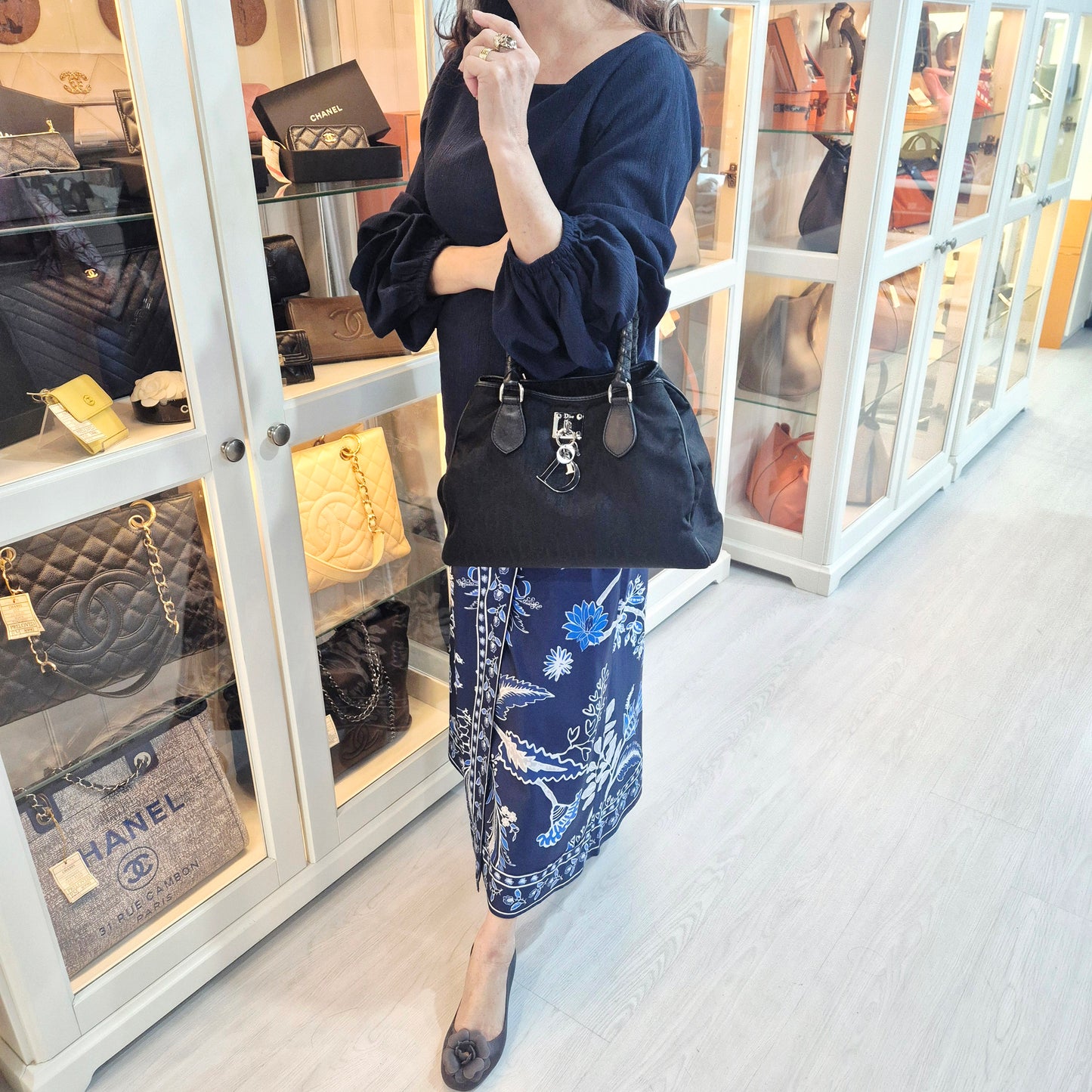 Christian Dior Oblique Trotter Canvas Double Pocket Tote Ghw (Navy Blue)