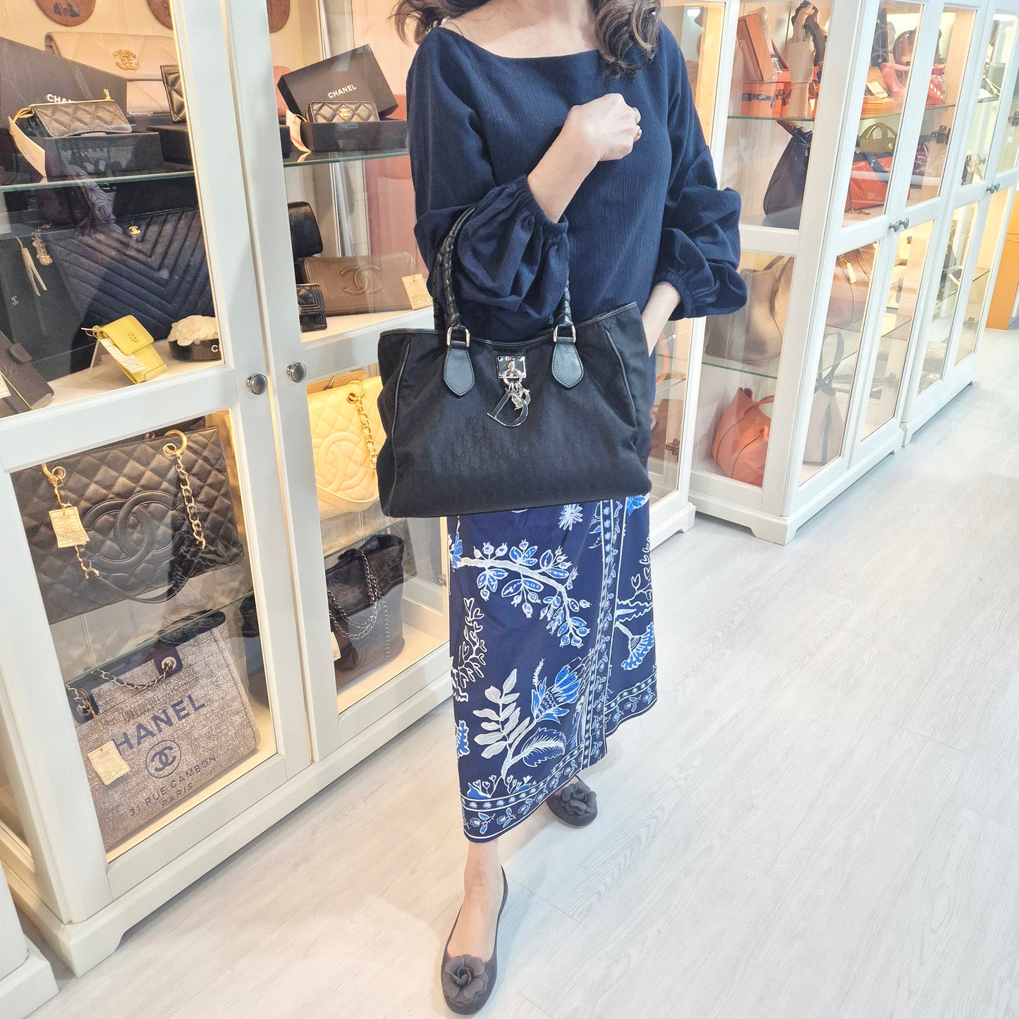 Christian Dior Oblique Trotter Canvas Double Pocket Tote Ghw (Navy Blue)