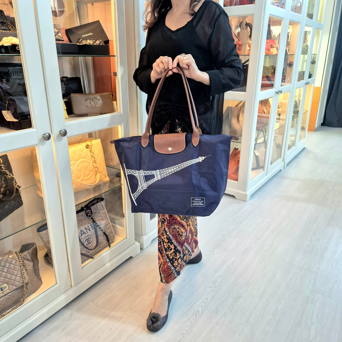 Longchamp Le Pliage LH Large Eiffel Tower Print Polyamide Canvas Shw (Navy Blue)