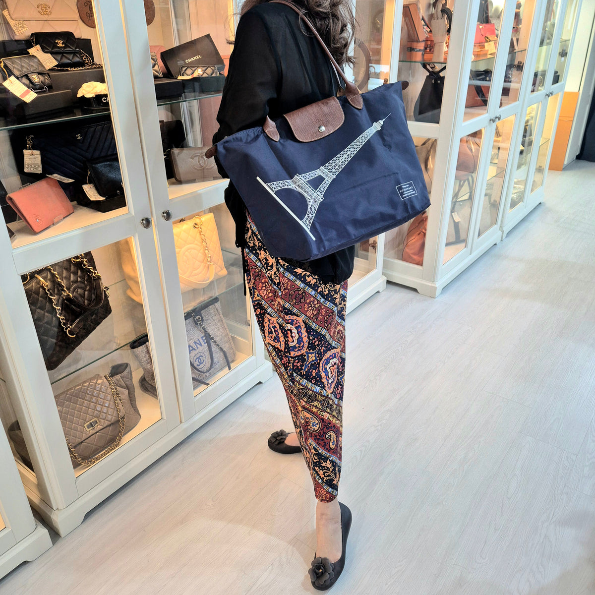 Longchamp Le Pliage LH Large Eiffel Tower Print Polyamide Canvas Shw (Navy Blue)