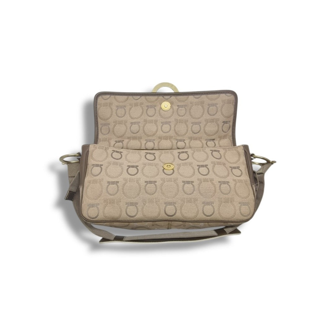 Salvatore Ferragamo Gancini Canvas Shoulder Bag Ghw (Brown)