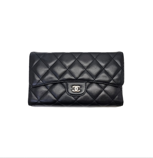 Chanel Trifold Wallet Long Lambskin Shw (Black)